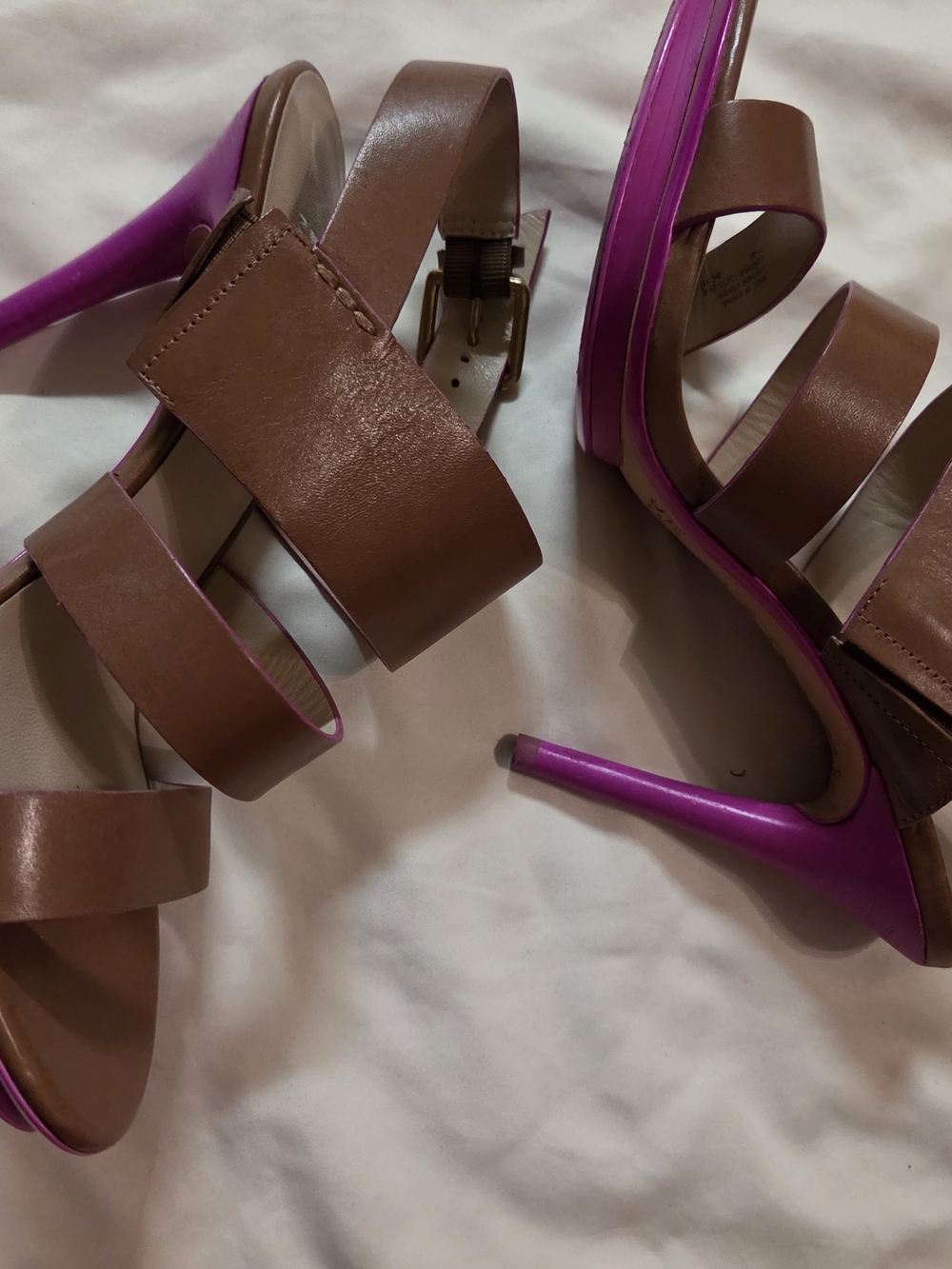Micheal Kors Women's Brown Leather Strappy Heeled Sandals with Pink Accents,7.5,